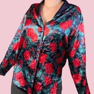 Rose Printed Silky Satin Lingerie Button Down